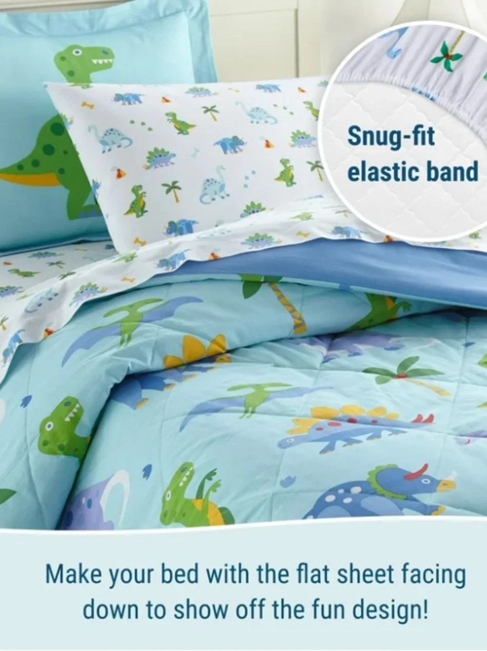 Wildkin 7 Pc Full Cotton Bed in a Bag for Boys & Girls: Dinosaur Land Blue NEW